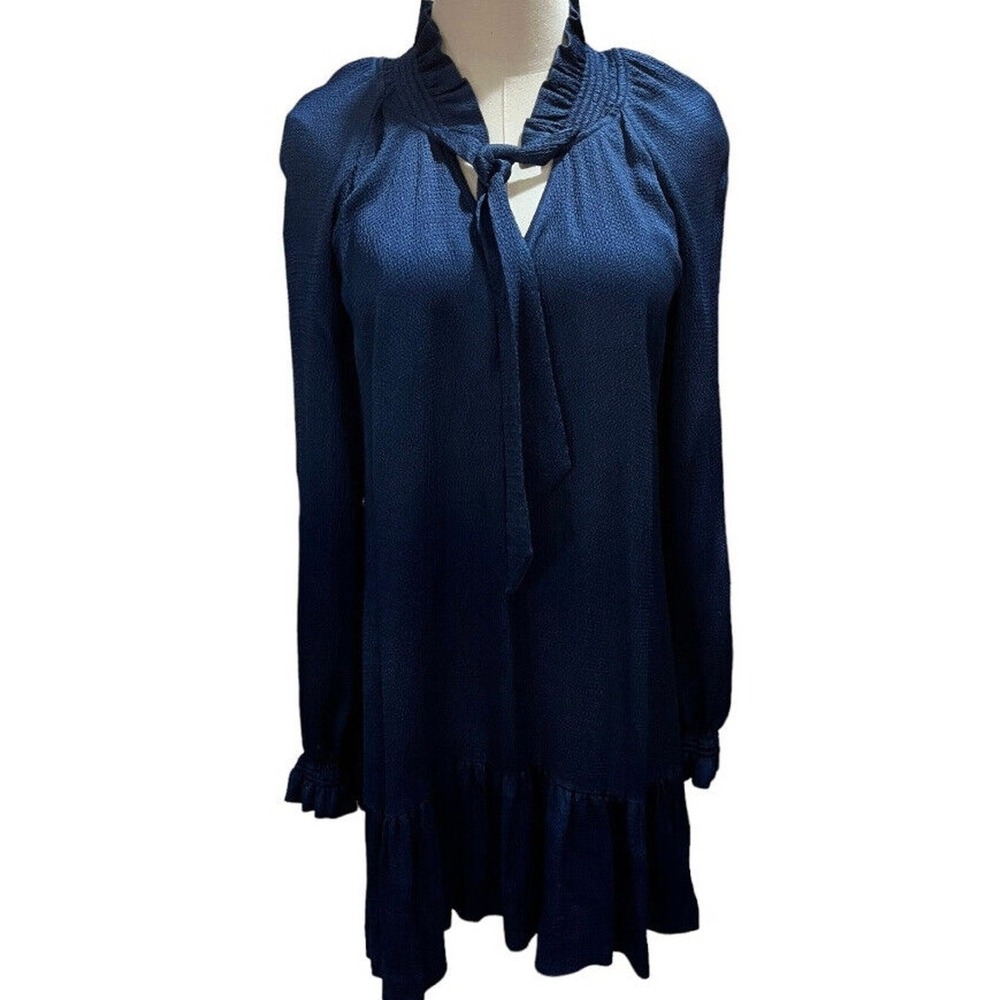 Sandro Paris V-Neck Blue Textured Shift Dress Neck Tie Long Sleeve Sz 36/US Sm